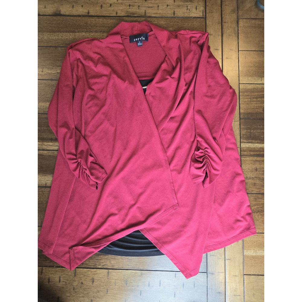 Corvia‎ Layered Look Cardigan Blouse Top Burgundy Black Metal Accent L - Picture 9 of 10